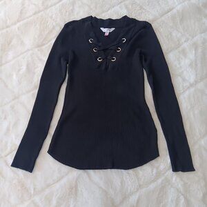 long sleeve ribbed knit top criss cross v-neck